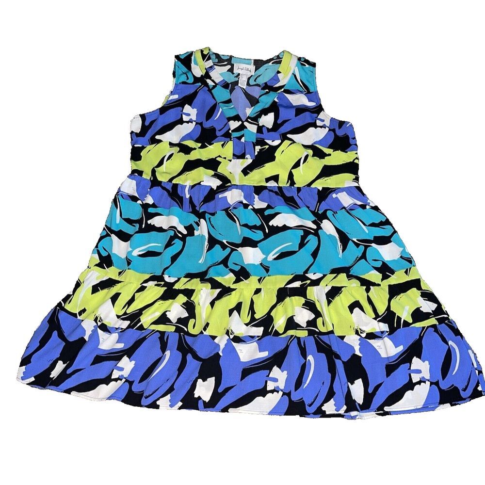 Joseph Ribkoff Dress Size 18 Blue Green Summer Artsy Colorful Sleeveless EUC